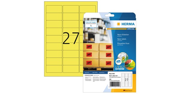 HERMA 5140 - Neon-Etiketten, Neon-gelb, 63,5 X 29,6 Mm, 20 Blatt